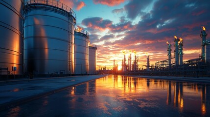 Industrial oil refinery plant at sunset with reflection in water