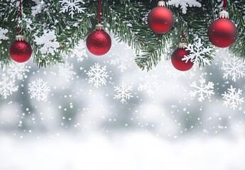 Wall Mural - snowy christmas background with red ornaments and snowflakes