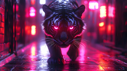 Wall Mural - Black and White Tiger Walking in Neon City Illustration