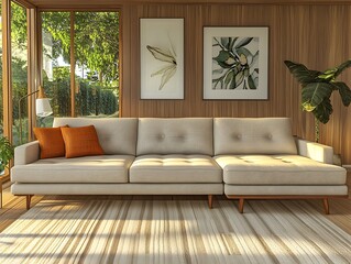 Wall Mural - Cozy and refined modern living space featuring a large sectional sofa earthy tones complemented by warm wood accents mid century modern decor with clean lines abundant natural light and a serene