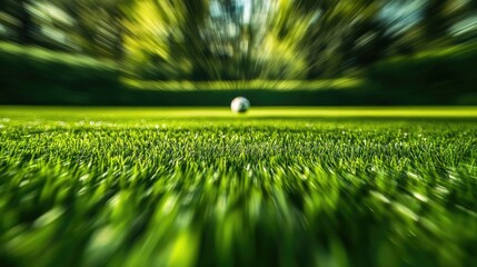 Wall Mural - Football banner. Dynamic soccer field with vivid green grass and blurred motion of a kicking ball 