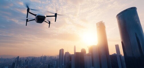 Drone flying over a modern city skyline during sunset, showcasing urban innovation and aerial photography.