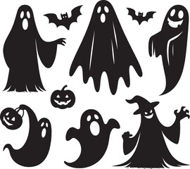 Canvas Print - Halloween scary ghosts silhouette collection vector illustration isolated on a white background