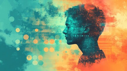 Artistic silhouette of a teenage boy with abstract digital effects in vivid colors