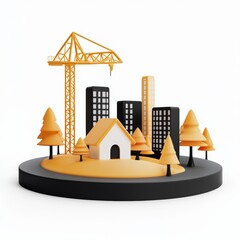 3D model showcasing an under-construction landscape with trees, a house, and skyscrapers on a circular base, white isolated background.