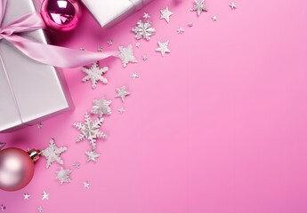 Wall Mural - pink & silver christmas decorations flat lay
