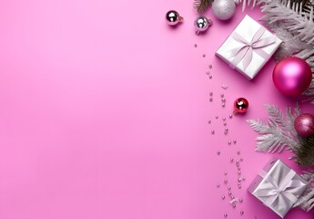 Wall Mural - pink & silver christmas decorations flat lay