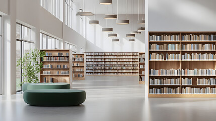 Wall Mural - Modern public library interior with empty blank wall template. 3D Rendering