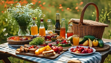 Wall Mural - Vibrant summer picnic spread with an array of delicious foods and delightful treats basking in the sunshine