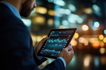 Wall Mural - Business professional analyzes financial data on a digital tablet while standing outdoors in a city at night