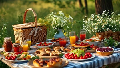 Wall Mural - Vibrant summer picnic spread with an array of delicious foods and delightful treats basking in the sunshine