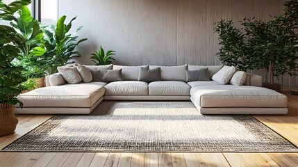 Wall Mural - Serene and Inviting Cozy Modern Living Room Interior Design with Plush Sectional Sofa Lush Greenery Plants and Panoramic Window View Offering Natural Lighting and a Tranquil Comfortable Ambiance