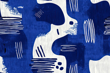 Aesthetic Contemporary Printable Seamless Pattern. Abstract Minimal Elegant Line Brush Stroke Shapes and Line in Indigo Colors.