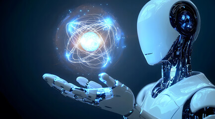 Ai robot hand  holding an atom glowing with energy.
AI chips,quantum brain concept.