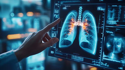 Person, hands and medical xray of lungs for asthma, cancer or tuberculosis research with anatomy hologram. Doctor, finger and healthcare with digital dashboard for medicine innovation and progress