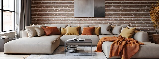 Wall Mural - Cozy and inviting modern living room with a large comfortable sectional sofa and minimalist stylish decor plush throw blankets and pillows exposed brick accent wall and a cozy