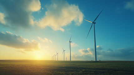 Large wind turbines in the open space in the field. Alternative and eco-friendly energy.