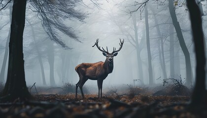 Wall Mural - Majestic deer in a mystical foggy forest setting