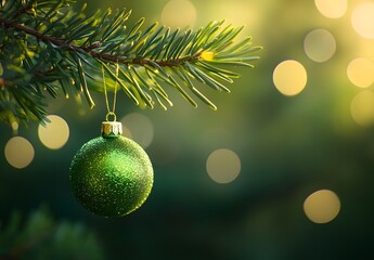 Wall Mural - sparkling green christmas ornament on pine branch