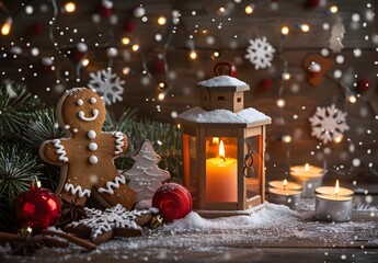 Christmas Lantern, Gingerbread Man, and Tree on Wooden Background