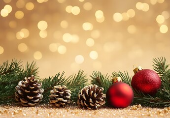 Wall Mural - christmas baubles, pine cones & fir branches on golden background