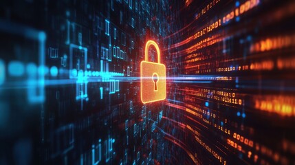  padlock symbol glowing on a digital background, with binary code