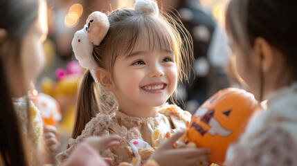 A joyful girl smiles while holding pumpkin during festive Halloween celebration, surrounded by friends. atmosphere is filled with excitement and fun