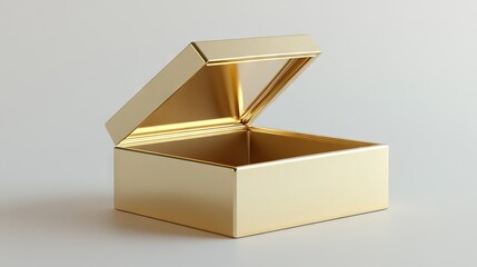 A shiny gold box with its lid open, sitting on a plain white surface. It's a perfect example of a luxurious gift box.