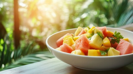 Wall Mural - Close up of a bowl of fresh fruit salad with watermelon, mango, and pineapple on a wooden table with a blurred green background.