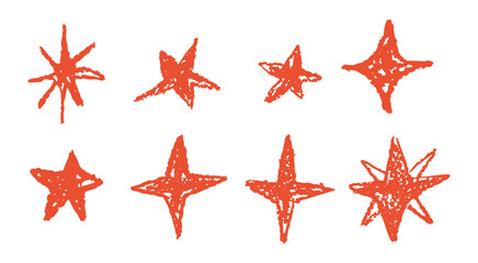 set of red chalk drawing stars. shine or sparkle doodle collection. children style red wax pencil ha
