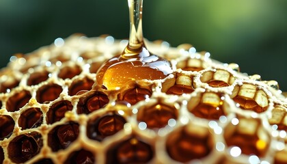 Wall Mural - Golden honey droplets glistening on intricate honeycomb patterns