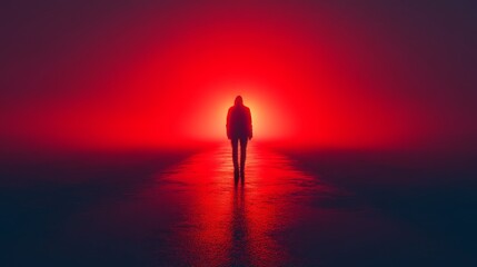 A person is walking on a road in the dark with a red sky