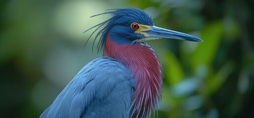 Close-up portrait of a blue heron with its head turned to the side.