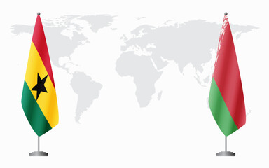 Ghana and Belarusian flags for official meeting against background of world map.