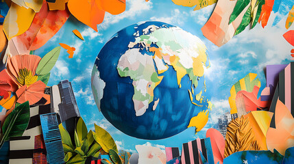 Canvas Print - World, globe and collage art made of paper school project, humanity and eco friendly banner. Colourful, vibrant pop and creative graphic design poster for background, wallpaper and backdrop mockup