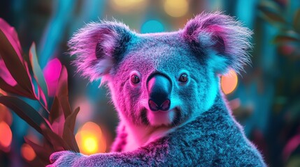 A koala bear with neon pink and blue lighting in the background.