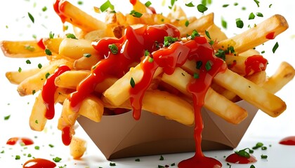 Wall Mural - Dynamic display of flying French fries with vibrant splashes of tomato sauce against a clean white background