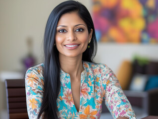 Portrait of a beautiful, smiling Indian woman in her thirties, with long black hair and wearing a colorful shirt with a floral print, sitting at a home office desk facing the camera