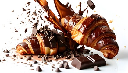 Decadent chocolate splash with flaky croissants on a clean white backdrop