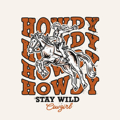 vector t-shirt graphic features a dynamic cowgirl on horseback with bold, vintage-style 