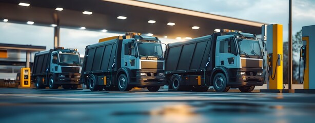 A row of white garbage trucks charging at an electric vehicle charging station in the garage