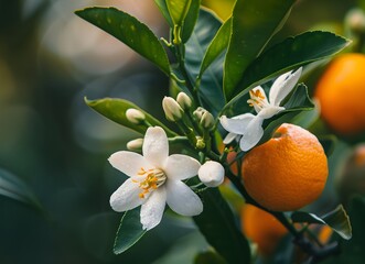orange blossom and fruit on branch