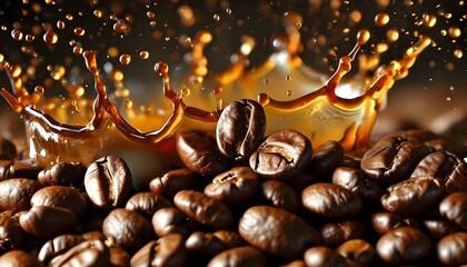 Dynamic close-up of vibrant coffee beans surrounded by an energetic splash of coffee