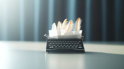 Vintage Typewriter with Feather Quills in Studio Lighting - Celebrating the Art of Writing