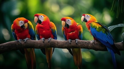 many colorful macaw bird perch on tree branch together in nature landscape against blue sky, bird background