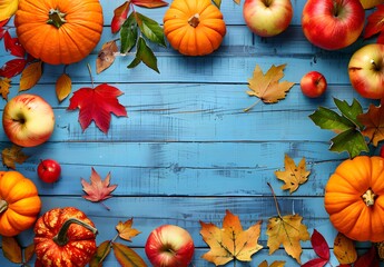 Wall Mural - autumn harvest: pumpkins, apples & leaves on blue wood