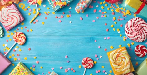 Colorful Birthday Party Background With Gifts, Confetti And Lollipops