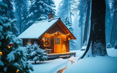 Magical Christmas landscape: winter forest with a beautiful wooden house decorated with New Year's decorations among snowdrifts.