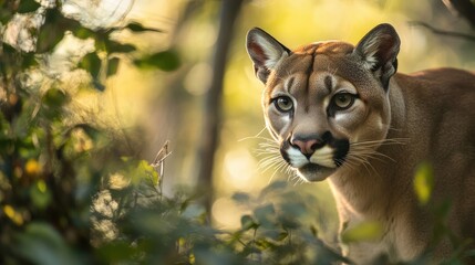 a cougar peering through the foliage