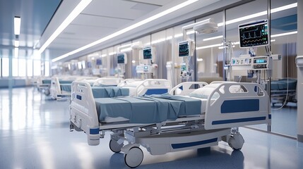 Empty modern hospital room with advanced medical equipment and beds